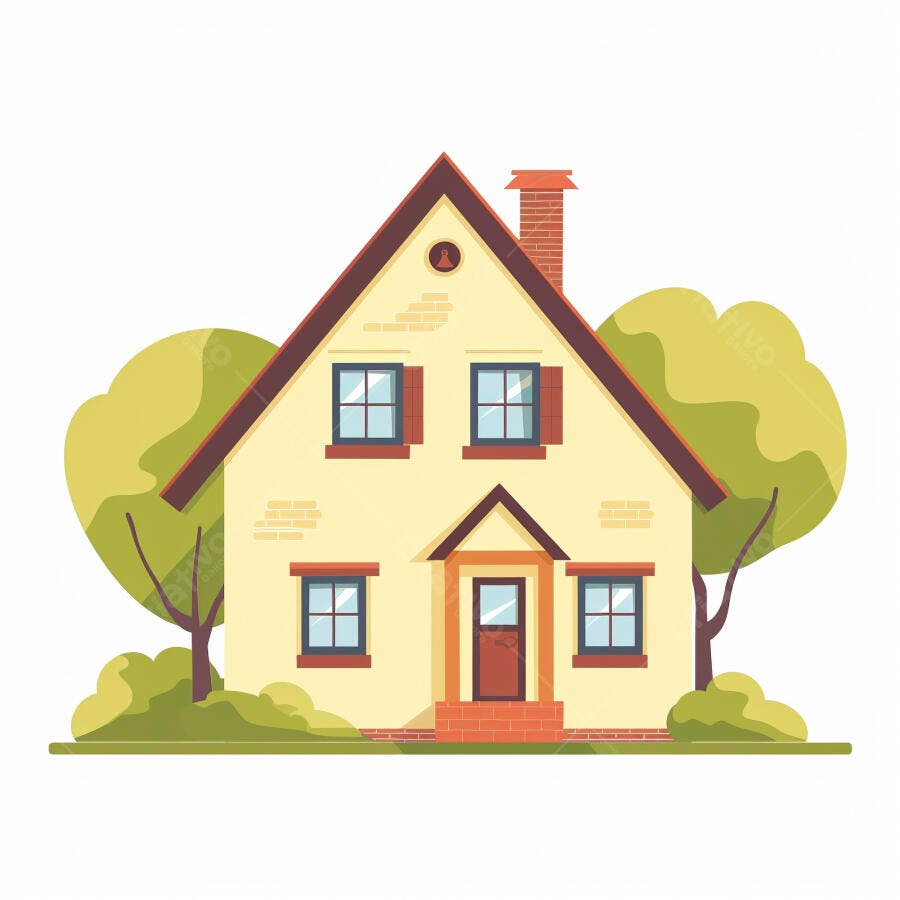 Casa amarela ilustrada com telhado marrom e árvores verdes estilo vetor