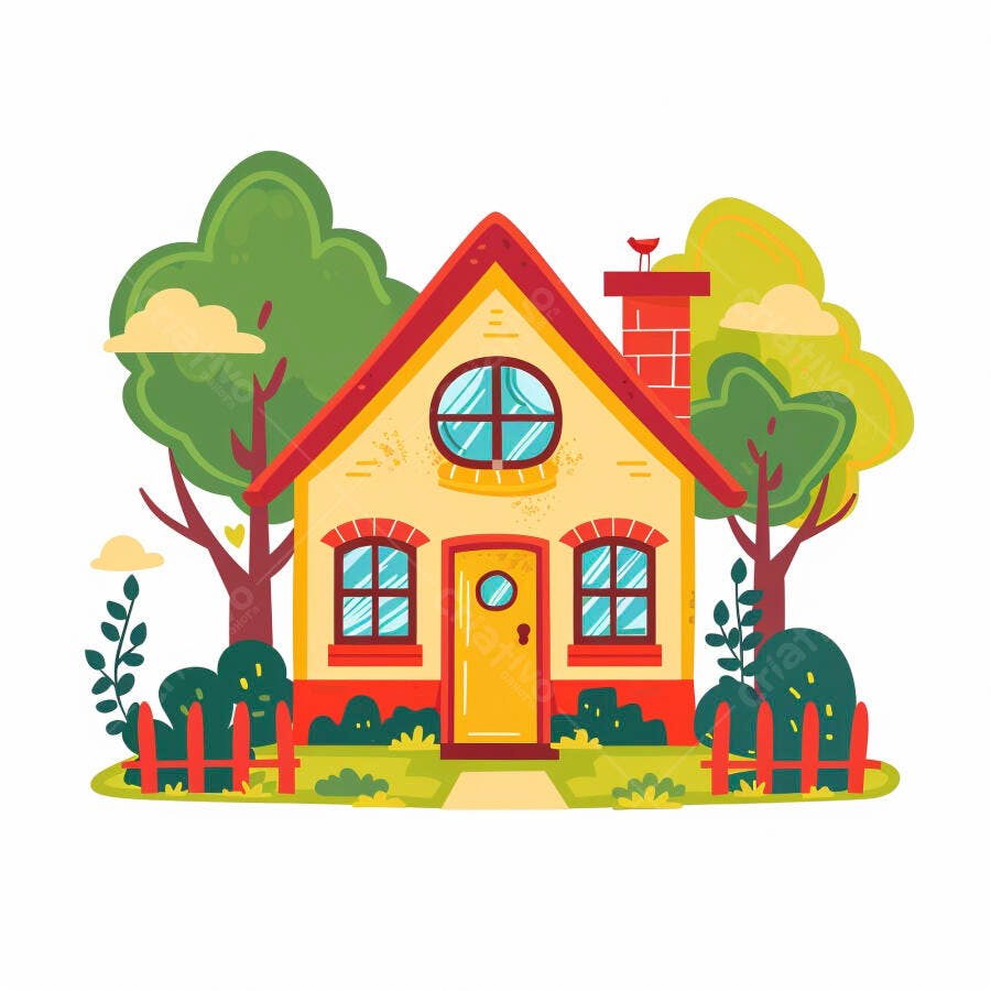 Casa amarela e vermelha com jardim e árvores ilustração vetorial
