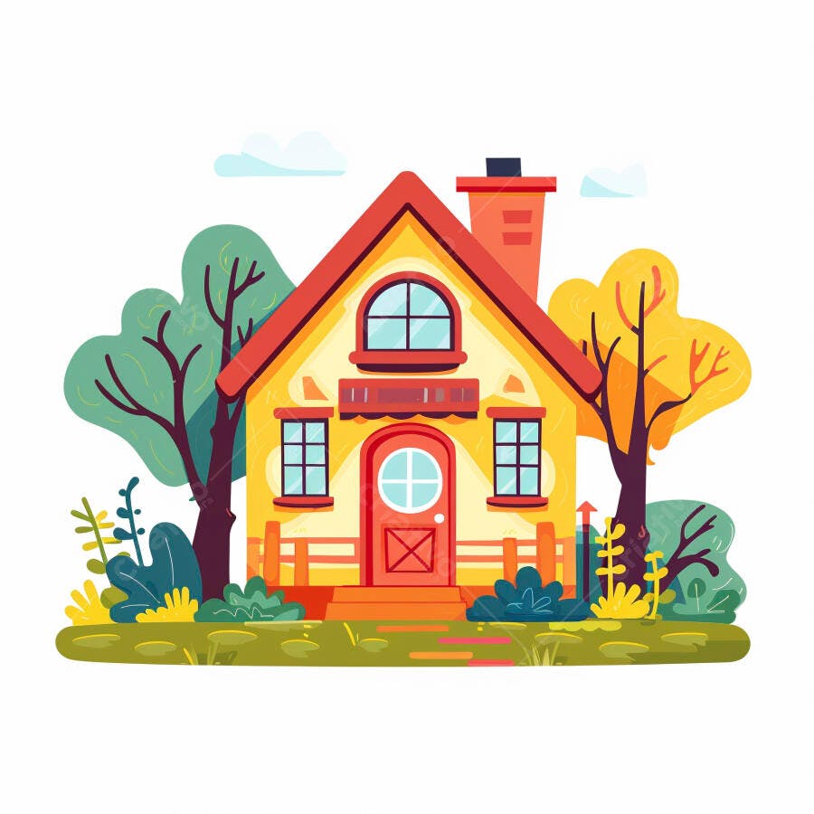 Casa amarela ilustrada com telhado vermelho e jardim verde acolhedor