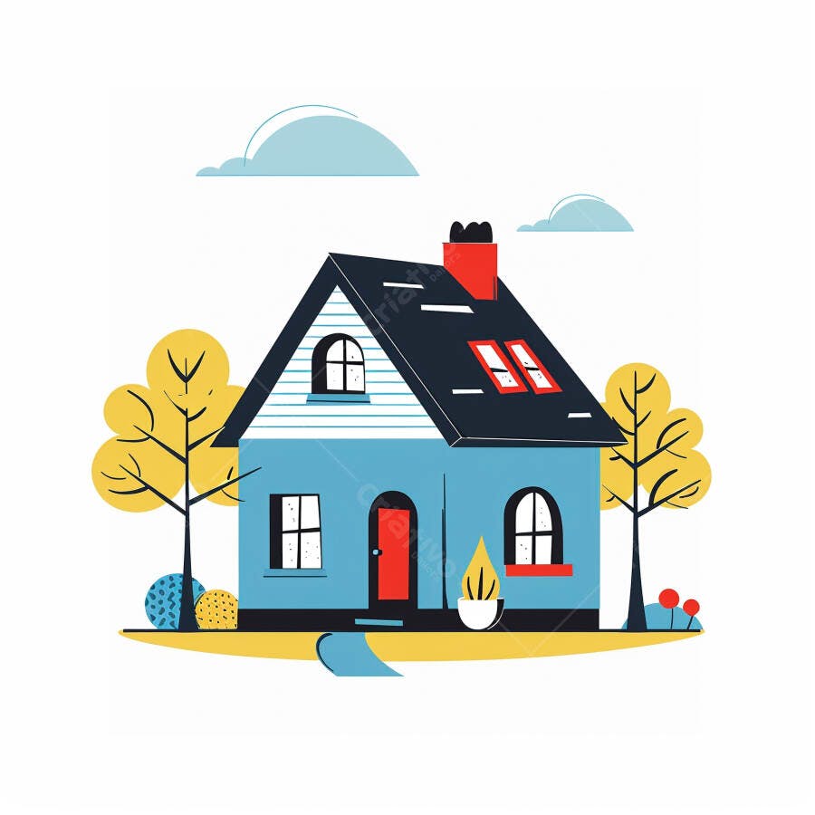 Casa ilustrada azul com telhado escuro e árvores amarelas em paisagem simples