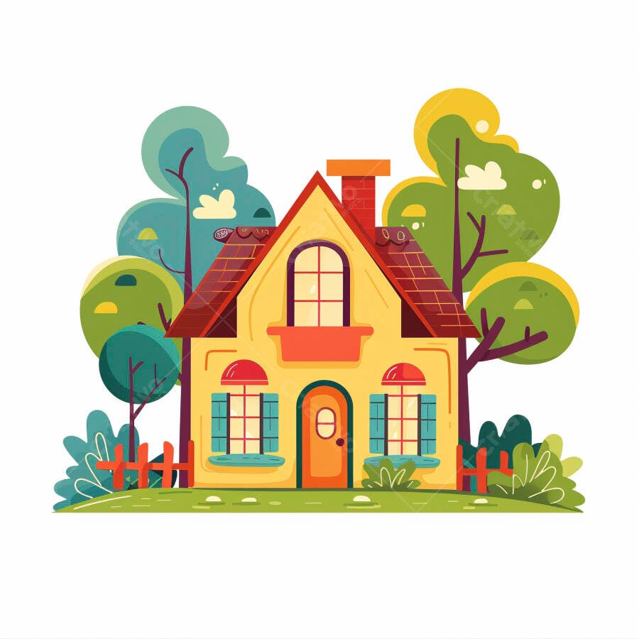 Casa amarela com telhado vermelho e jardim verde ilustração infantil