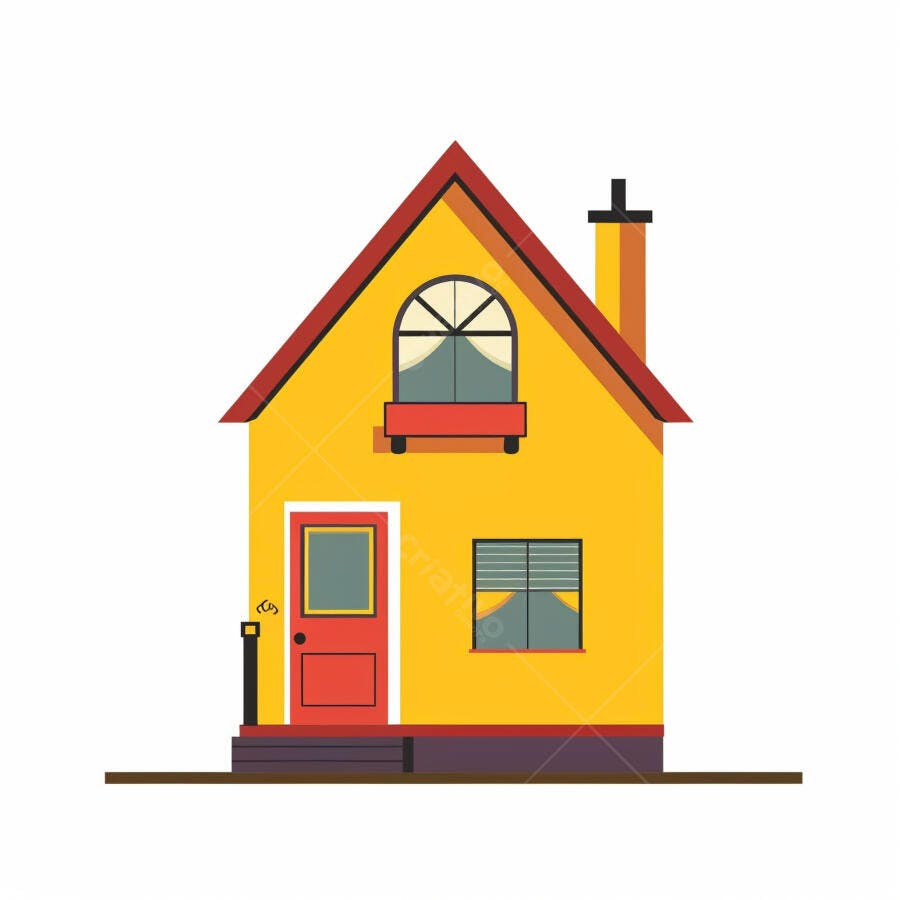 Casa amarela com telhado vermelho em ilustração minimalista