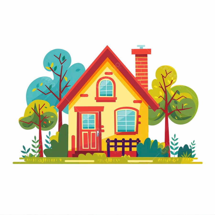 Casa amarela com telhado vermelho e árvores em ilustração vibrante