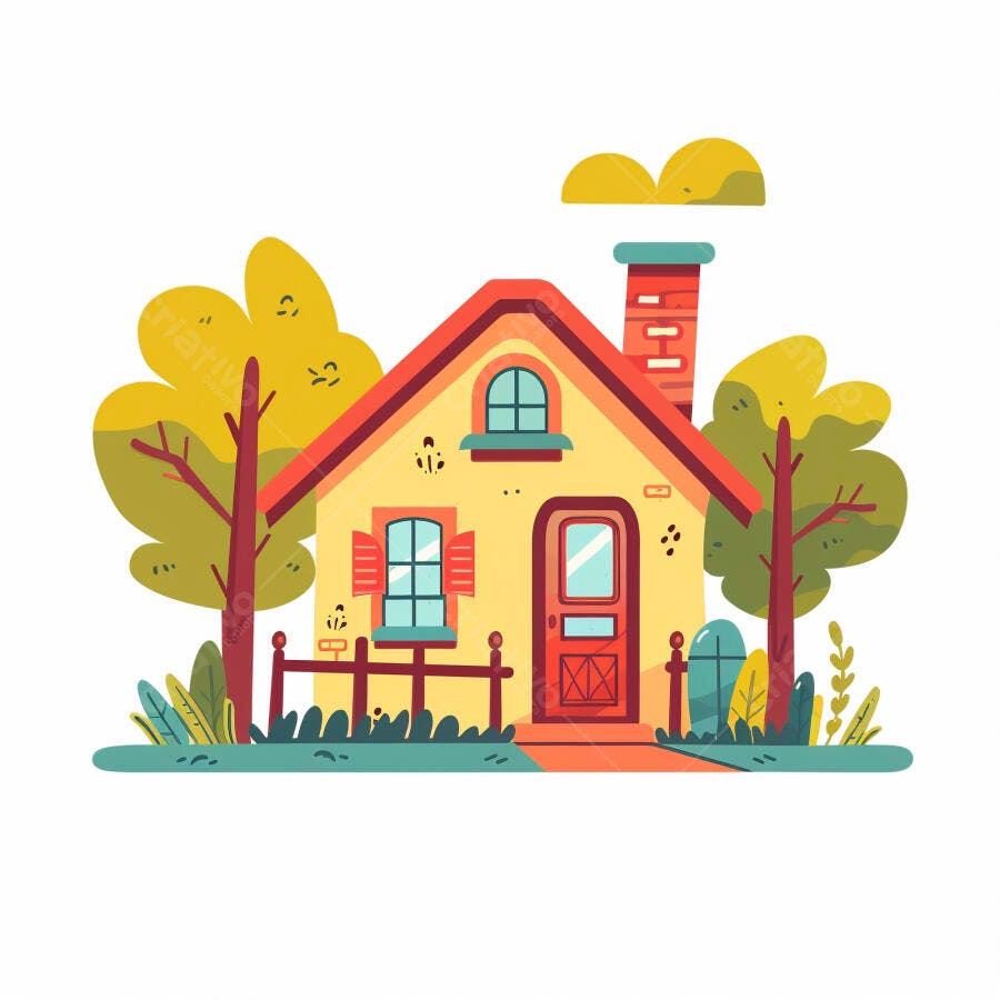 Casa amarela ilustrada com telhado vermelho e jardim verde desenho animado