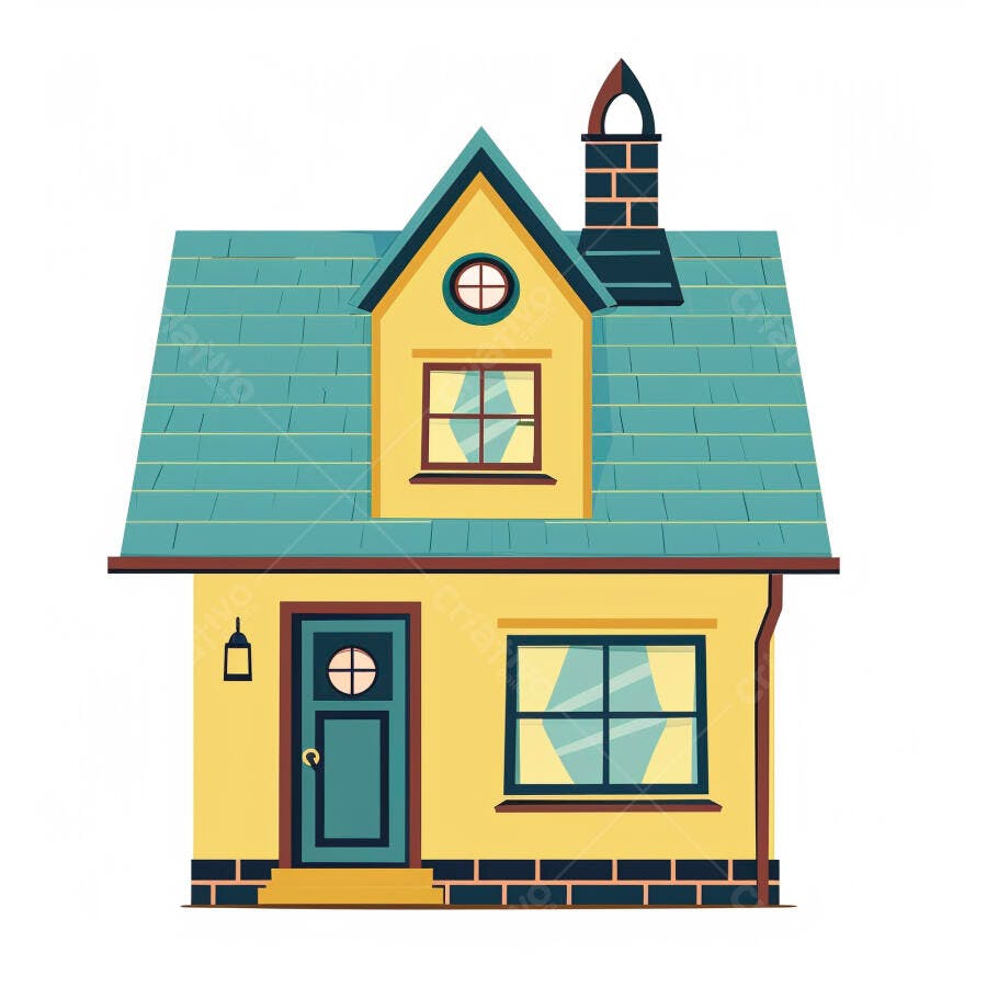 Casa amarela com telhado turquesa ilustração estilo desenho animado simples
