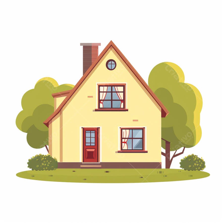 Casa amarela ilustrada com telhado vermelho e jardim verde