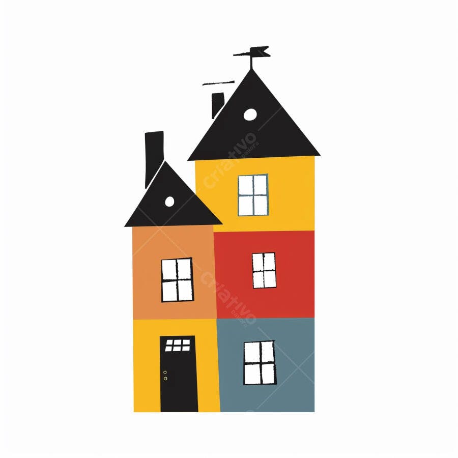 Casa colorida estilo desenho animado com chaminés e janelas variadas