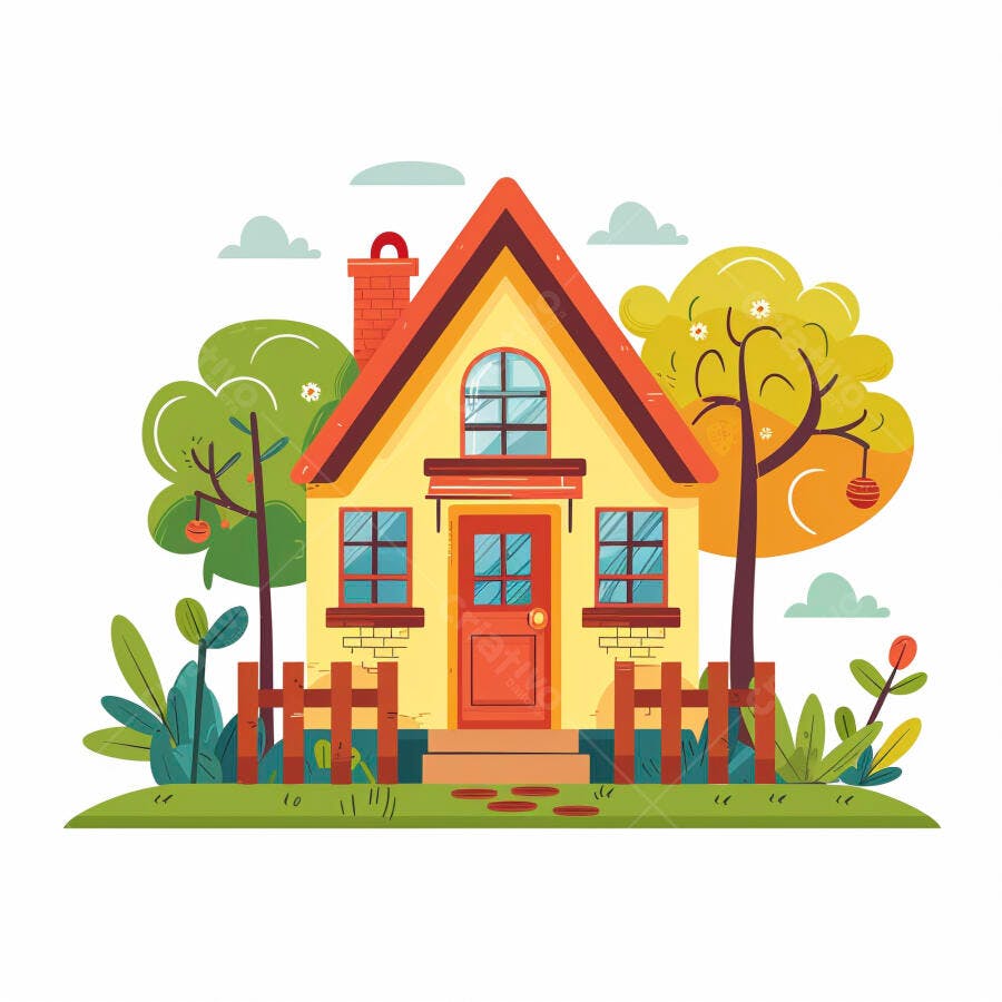 Casa amarela com telhado vermelho em jardim cercado ilustração cartoon