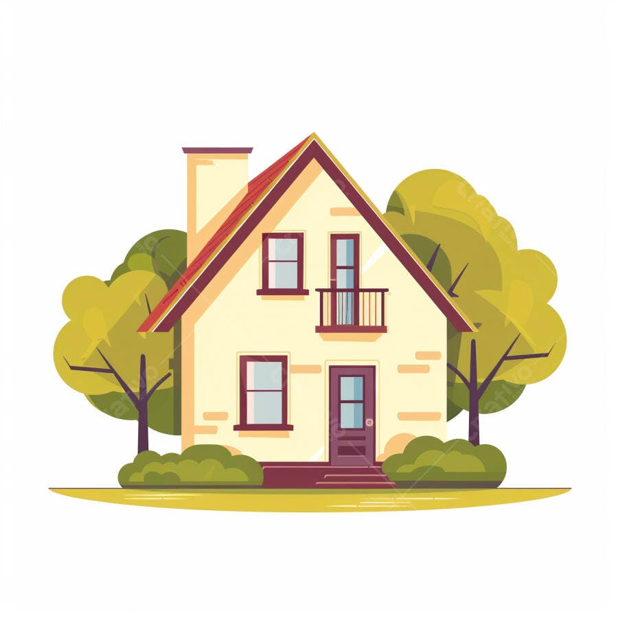 Casa amarela ilustrada com telhado vermelho e árvores verdes