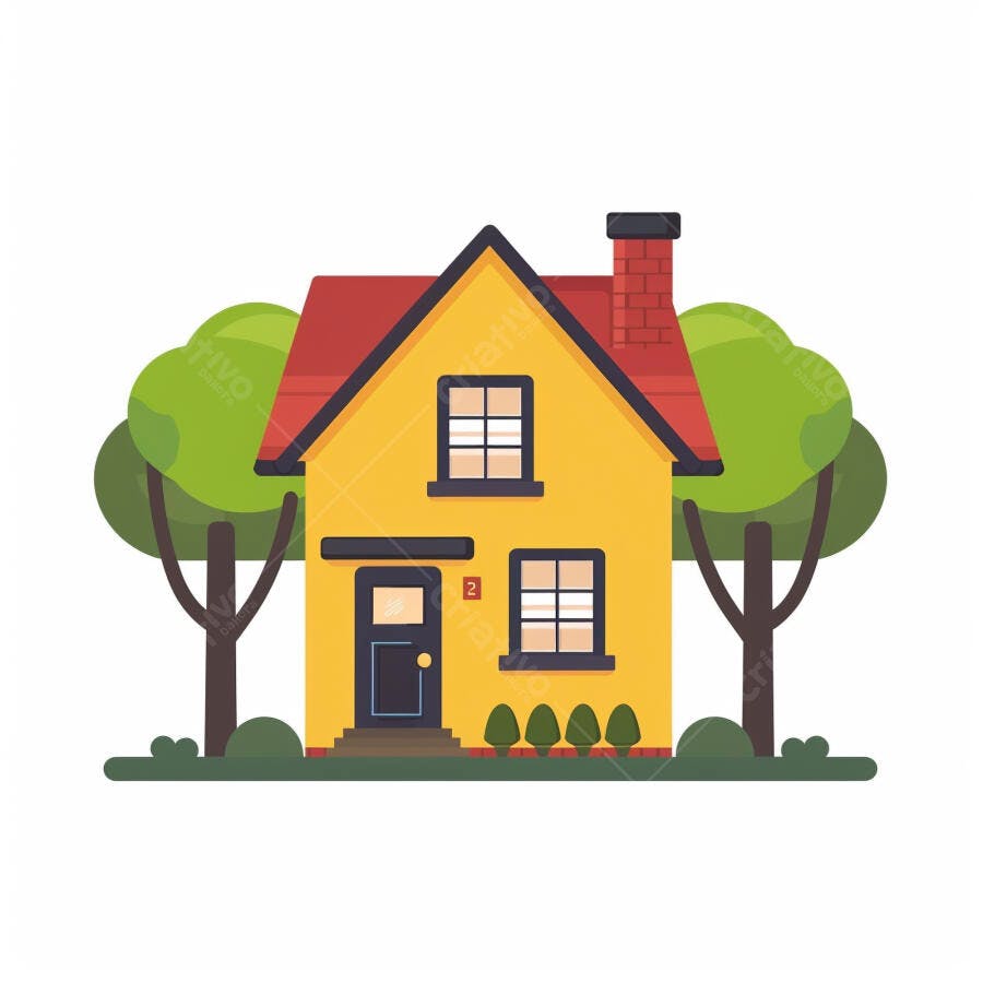 Casa amarela telhado vermelho porta azul e árvores verdes ilustração vetor