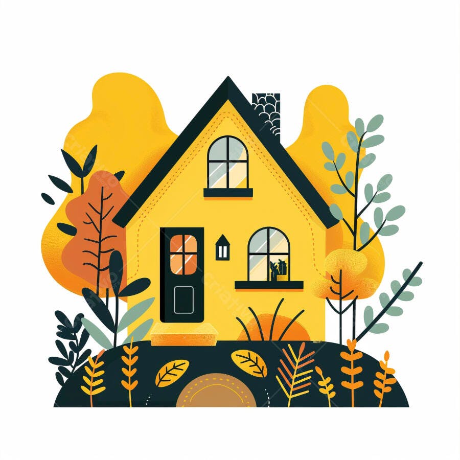 Casa amarela isolada com jardim vibrante em ilustração minimalista