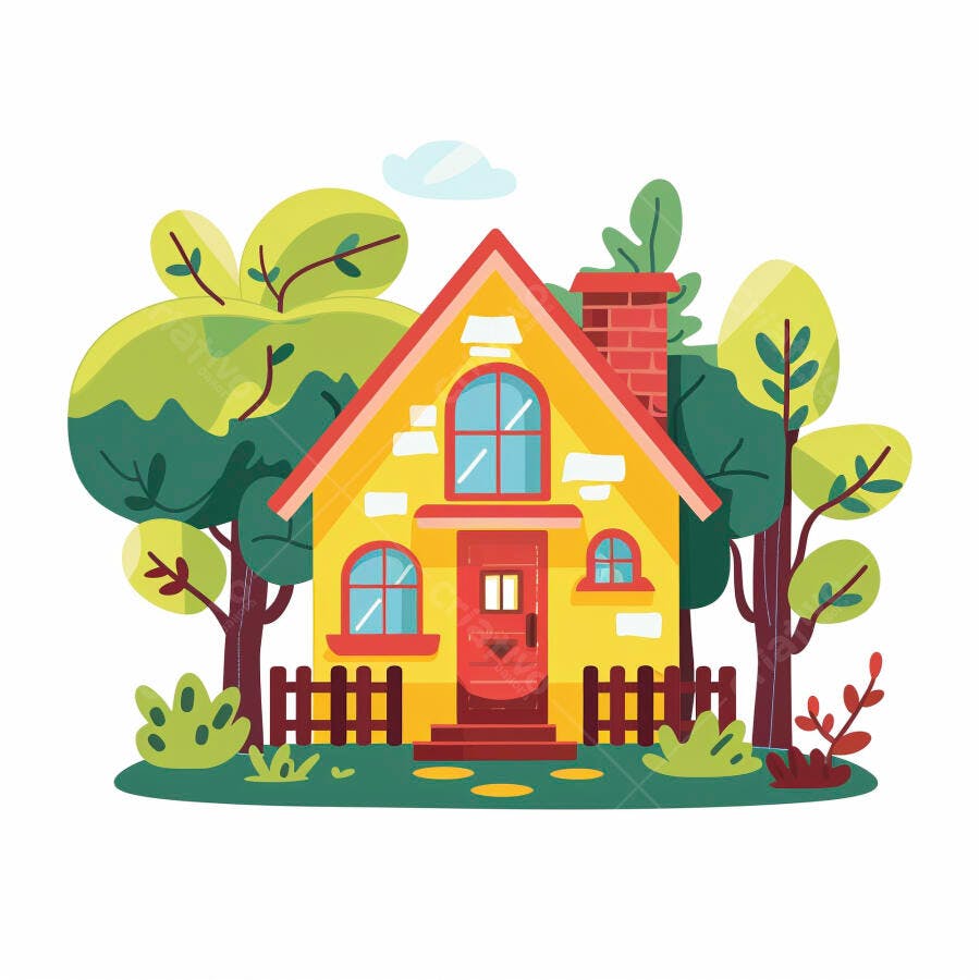 Casa amarela com telhado vermelho e árvores verdes em ilustração vetor
