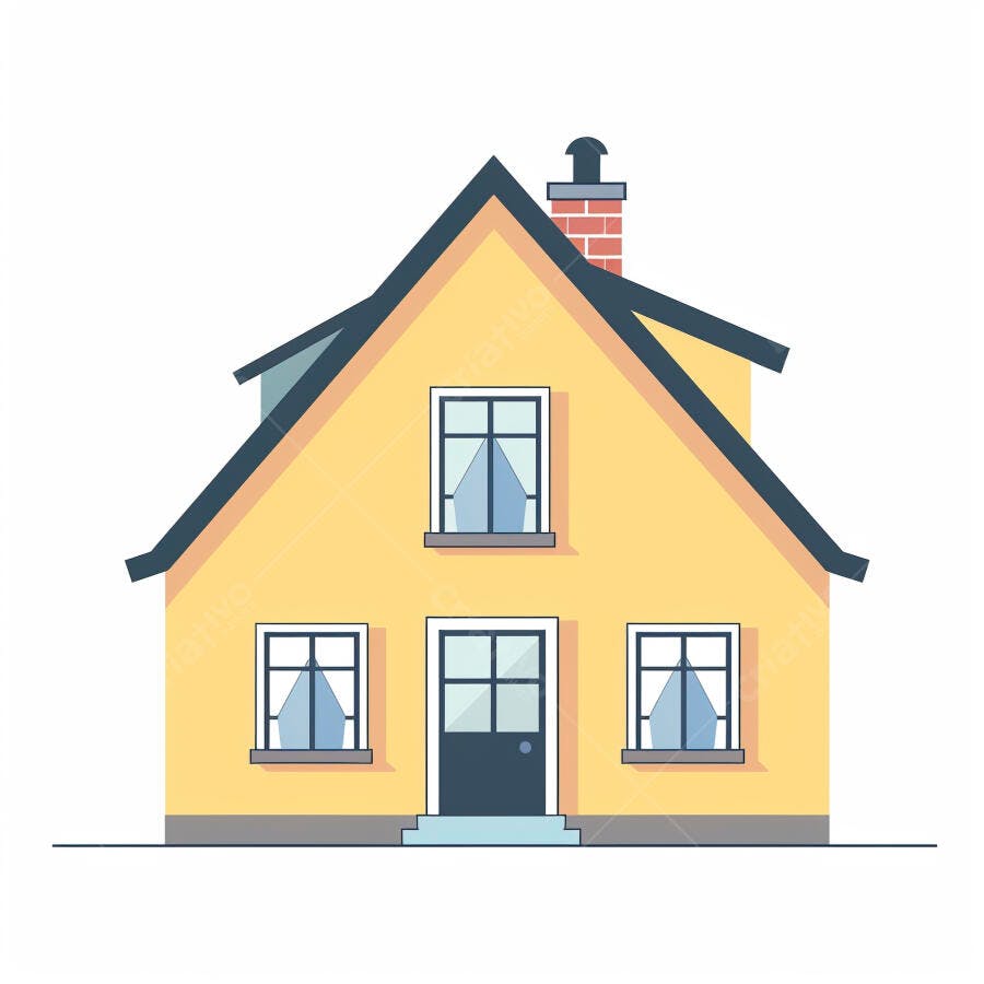 Casa amarela ilustrada com telhado azul e chaminé em design plano