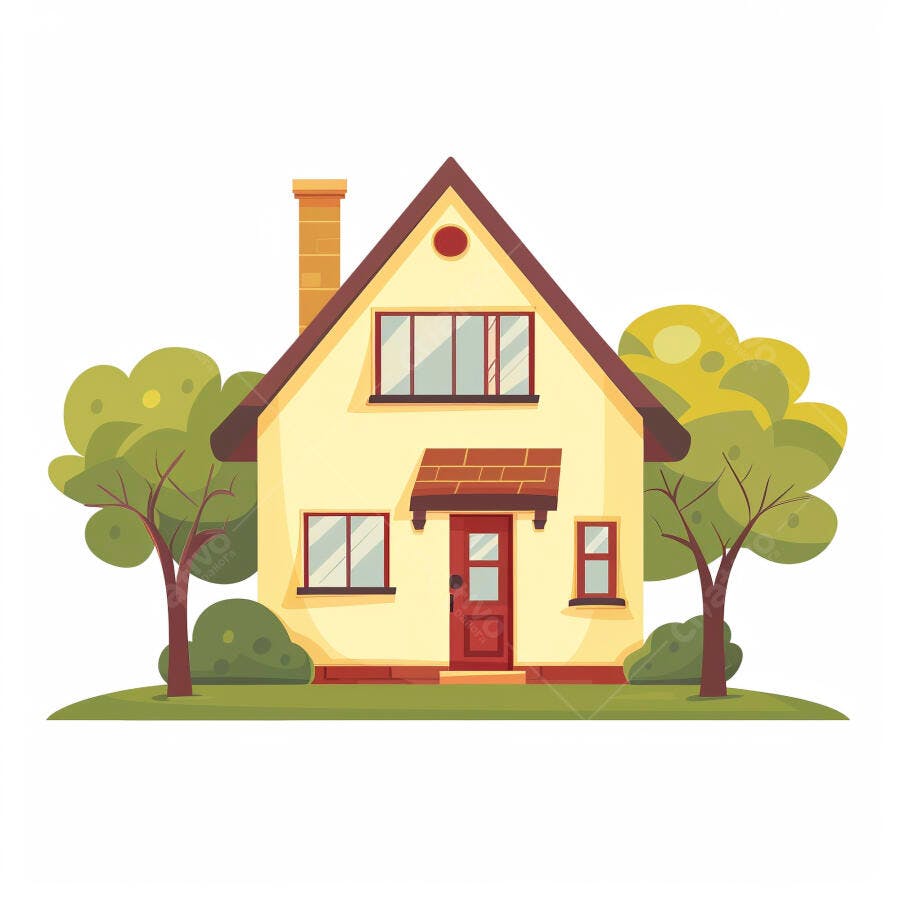 Casa amarela ilustrada com telhado marrom e árvores verdes em estilo desenho animado