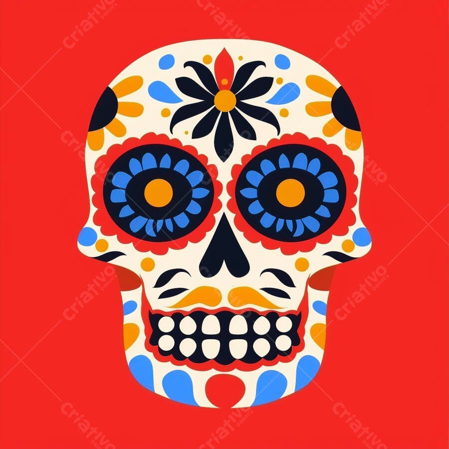 Calavera mexicana decorada com flores e cores vibrantes para o Dia dos Mortos