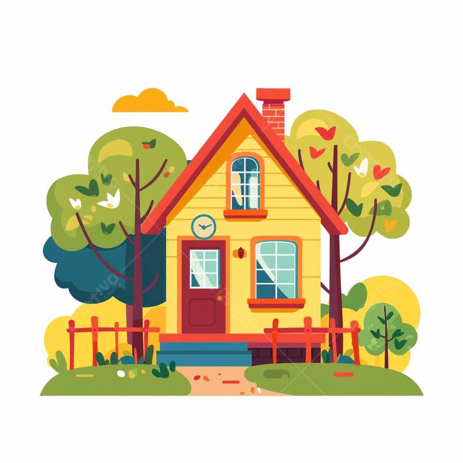 Casa amarela com telhado vermelho e jardim em ilustração campestre