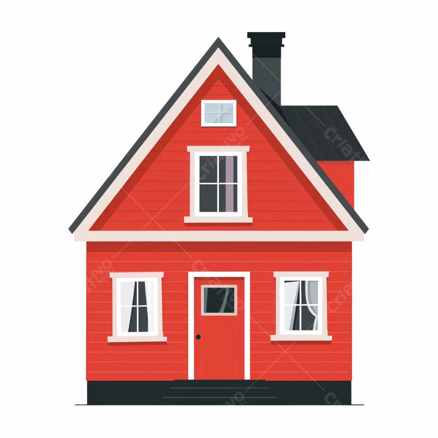 Casa vermelha ilustrada com telhado cinza e chaminé em estilo simples