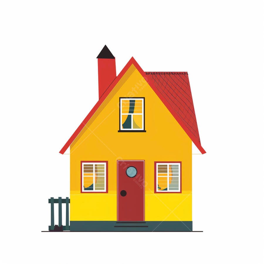 Casa amarela com telhado vermelho e chaminé ilustração simples