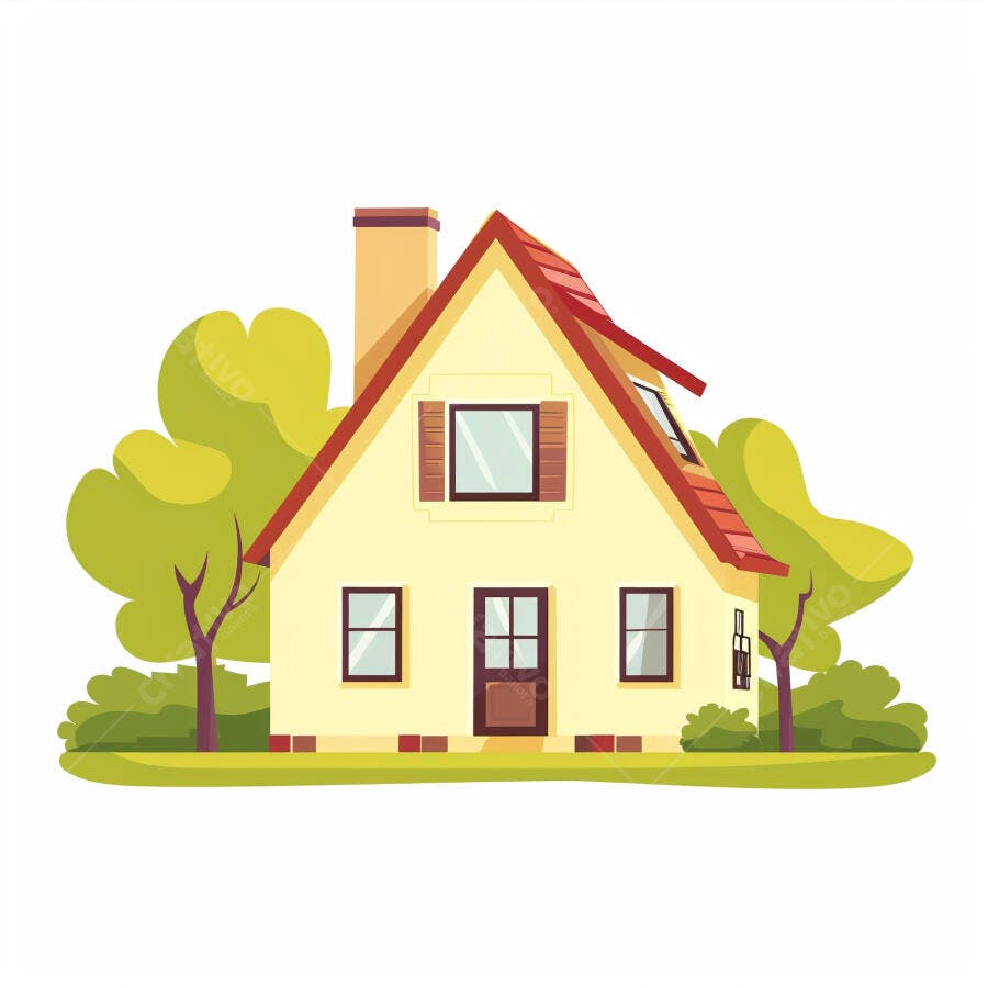 Casa amarela com telhado vermelho e árvores verdes em ilustração vetorial