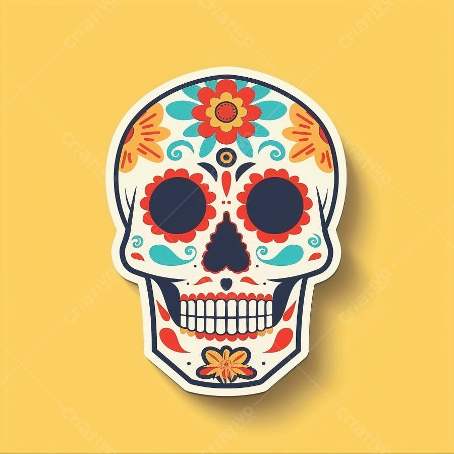 Calavera mexicana colorida com flores estilo Dia dos Mortos em fundo amarelo