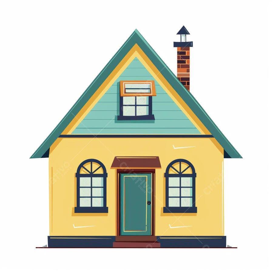 Casa amarela com telhado azul e chaminé ilustração simples e acolhedora
