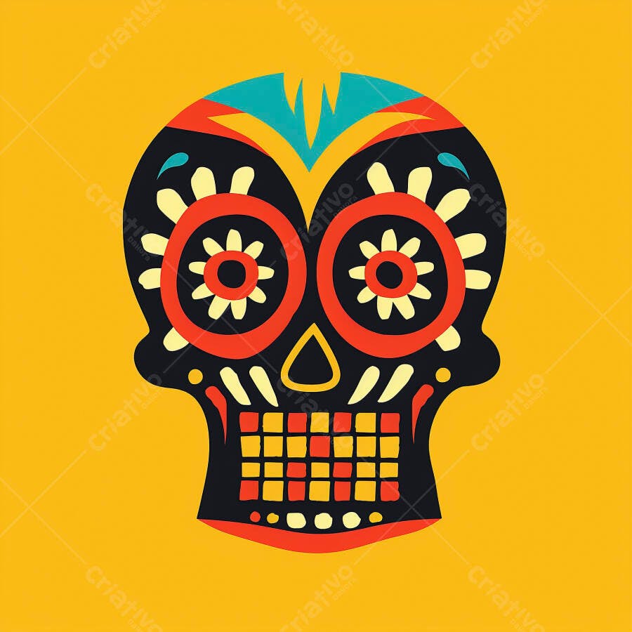 Calavera mexicana colorida Dia dos Mortos em fundo amarelo vibrante