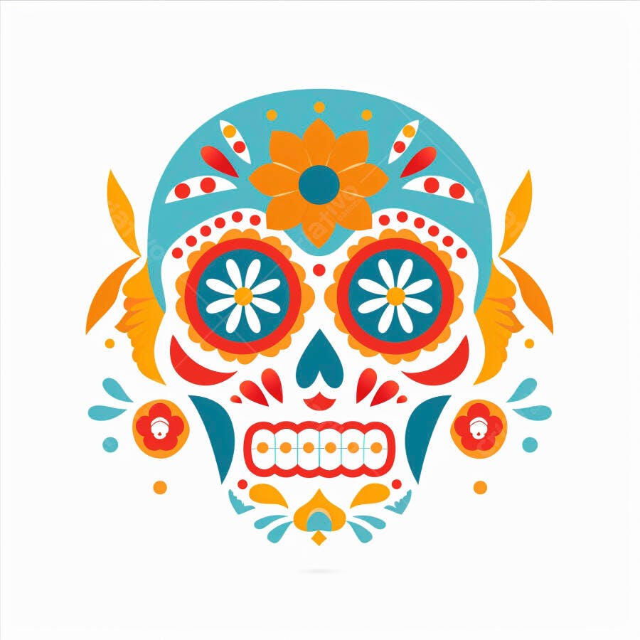 Calavera mexicana colorida Dia de Muertos com flores azul laranja vermelho