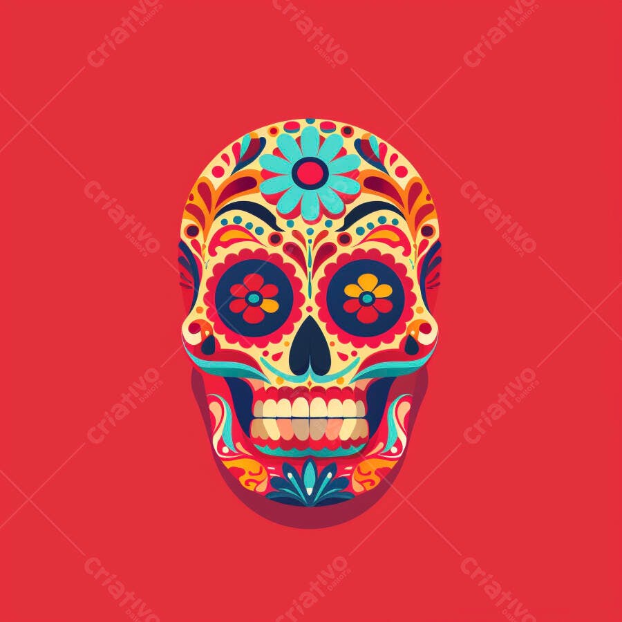 Calavera Mexicana colorida com flores e padrões vibrantes em fundo vermelho