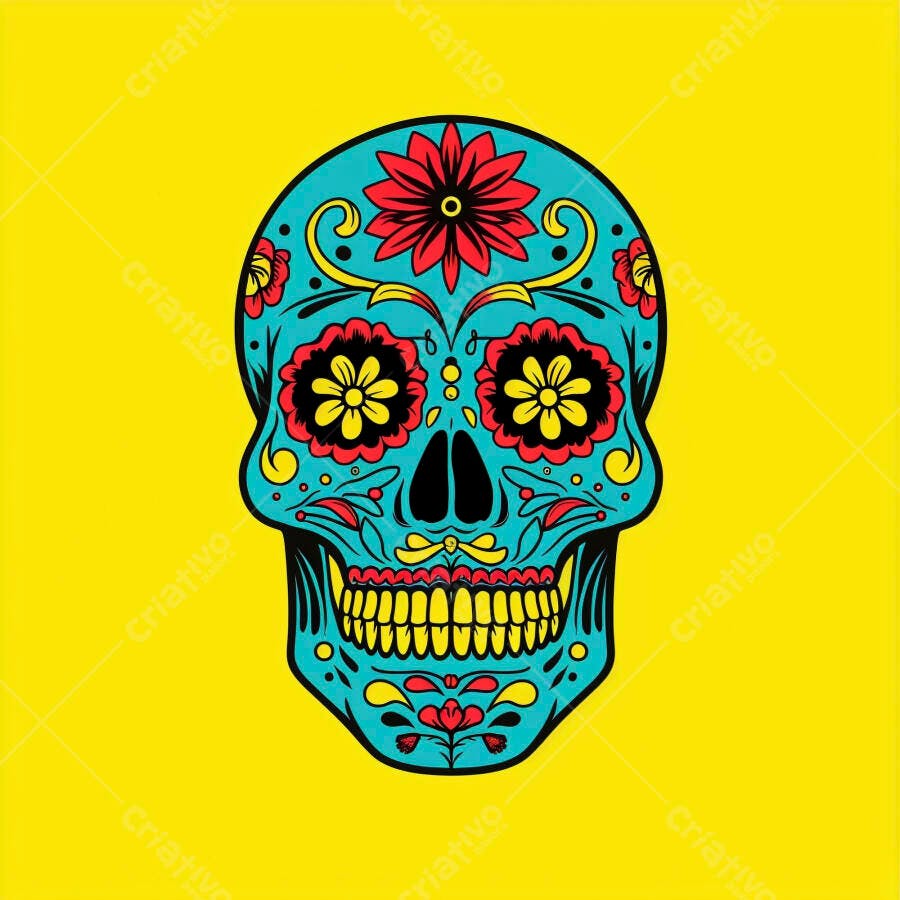 Crânio de açúcar mexicano decorado com flores vermelhas e turquesa em fundo amarelo vibrante