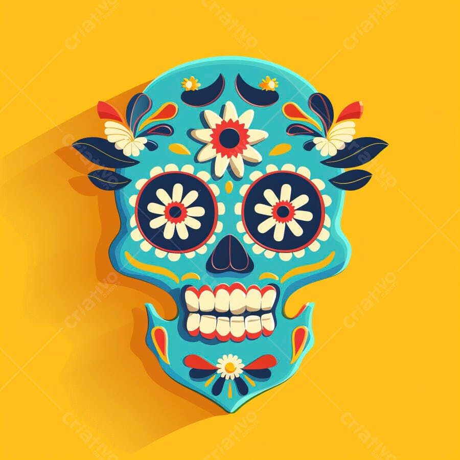 Calavera Mexicana azul decorada com flores coloridas Dia de los Muertos