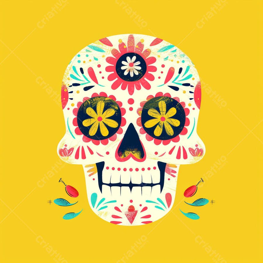 Caveira mexicana decorada com flores coloridas em fundo amarelo vibrante