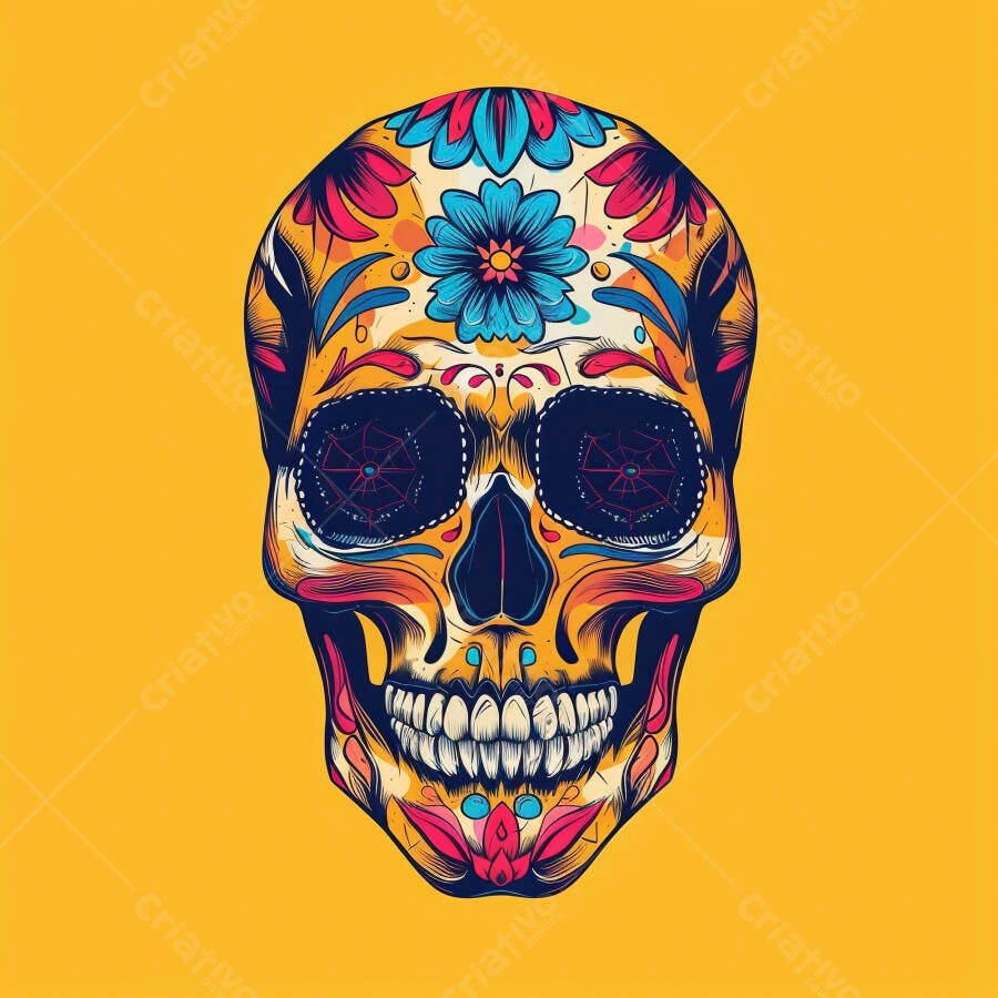Caveira mexicana decorada colorida ilustração Dia de los Muertos
