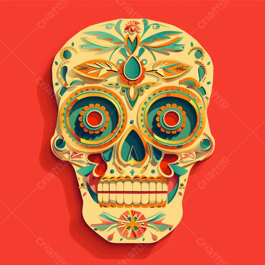 Calavera Mexicana colorida estilo paper cut para Dia dos Mortos