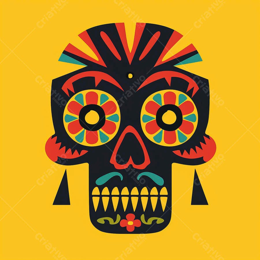 Caveira mexicana preta e vibrante ilustração para Dia dos Mortos