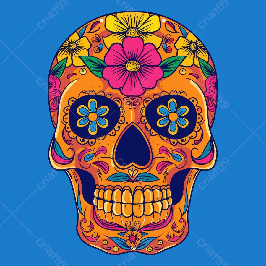 Caveira mexicana colorida com flores para celebração do Dia de los Muertos