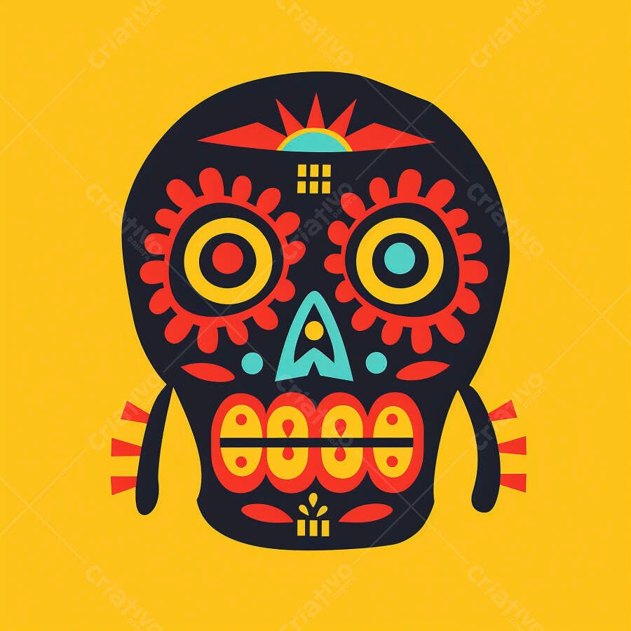 Ilustração crânio de açúcar mexicano vibrante cores vermelho amarelo azul