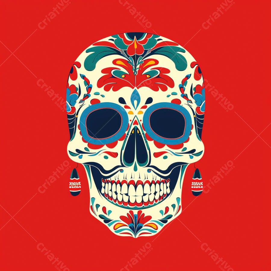 Calavera mexicana decorada com flores em fundo vermelho Dia dos Mortos