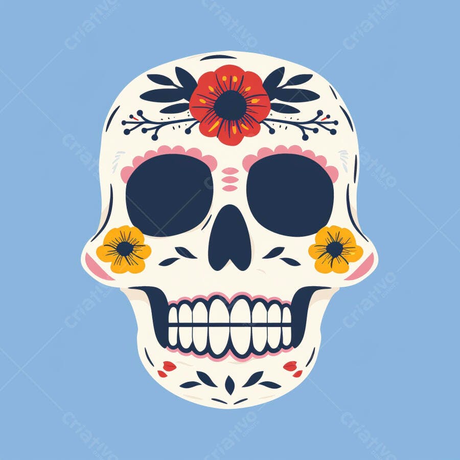 Calavera mexicana decorada com flores vermelhas e amarelas para Dia de los Muertos