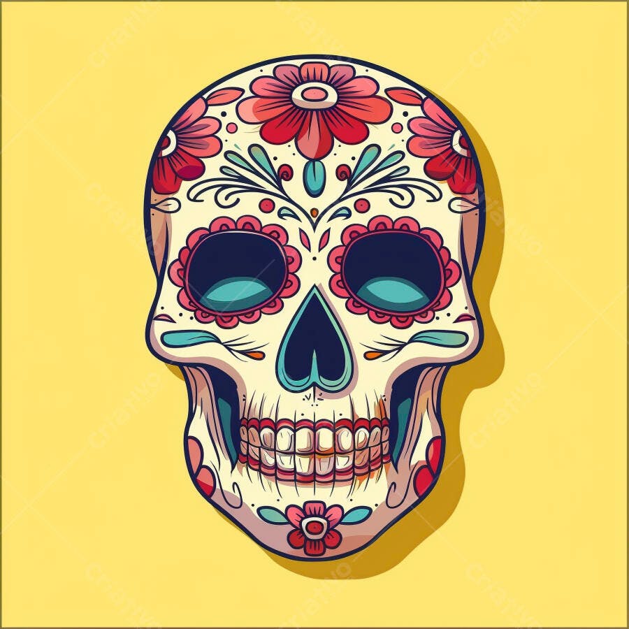 Caveira mexicana decorada com flores coloridas para o Dia dos Mortos em fundo amarelo