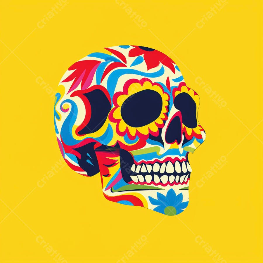 Calavera mexicana colorida ilustração Dia de los Muertos fundo amarelo