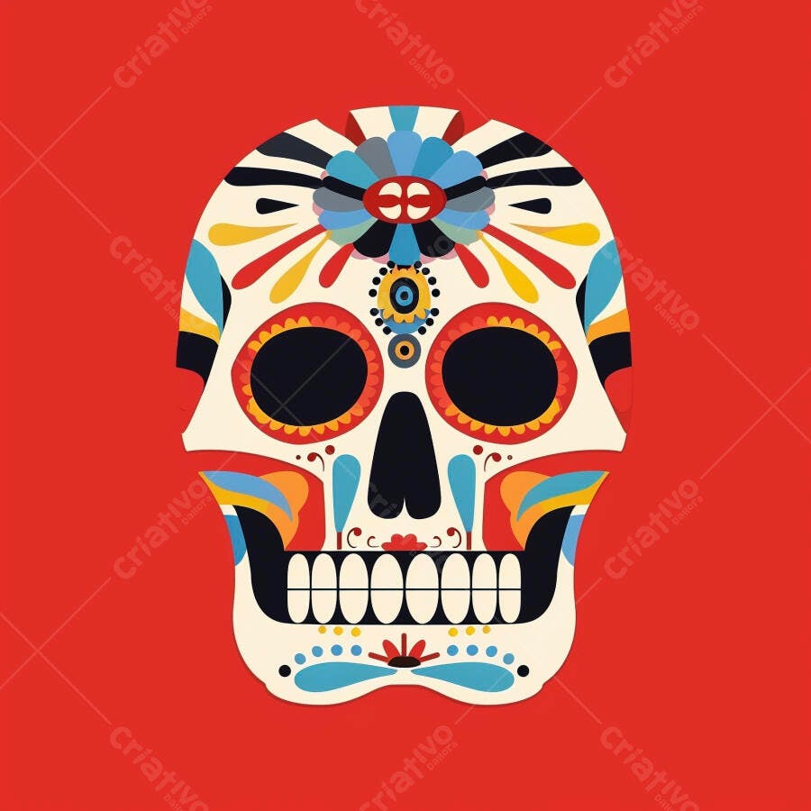 Caveira mexicana colorida ilustração vibrante para Dia dos Mortos