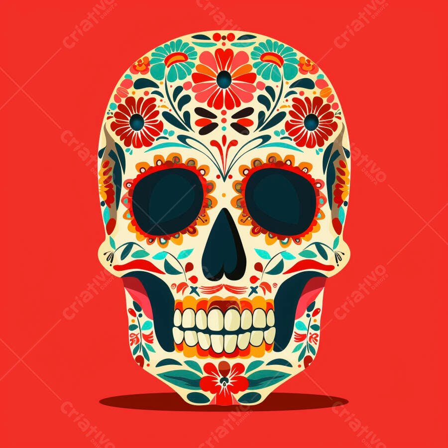Calavera mexicana colorida ilustração Dia dos Mortos fundo vermelho vibrante