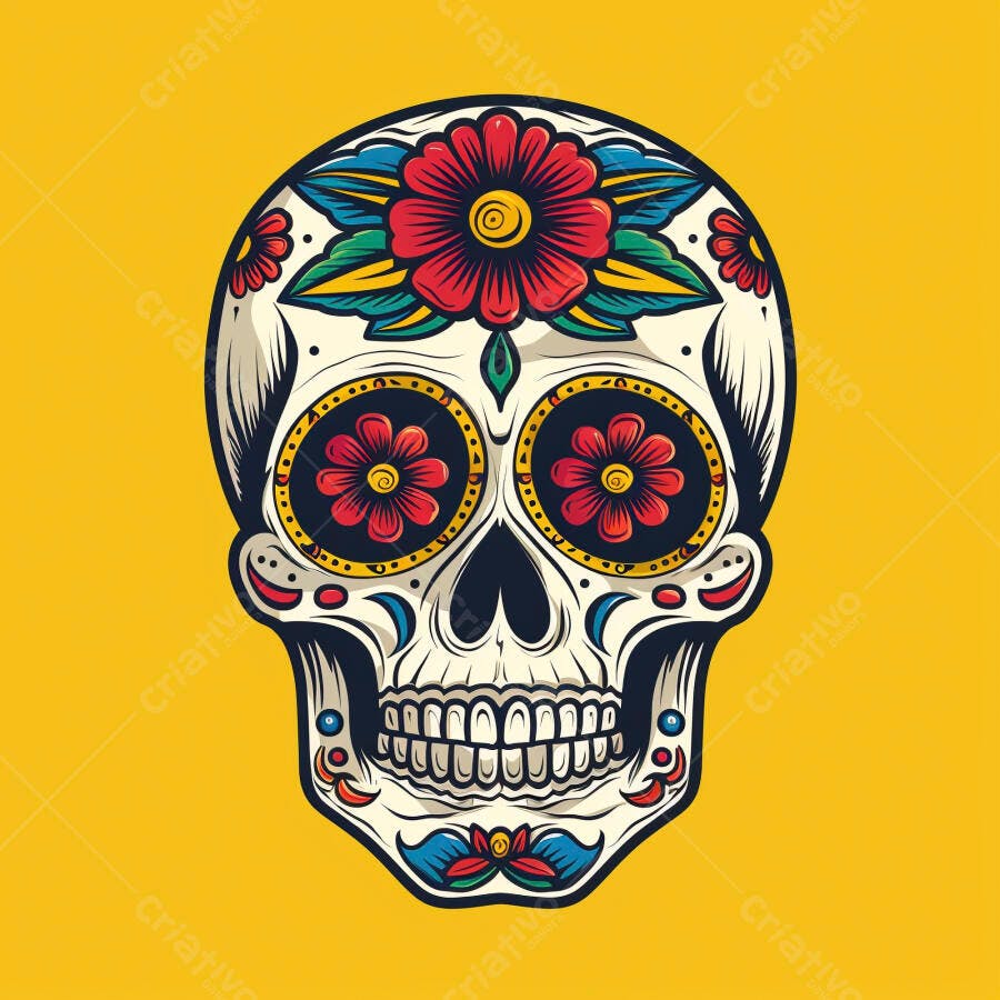 Calavera mexicana decorada com flores vermelhas em fundo amarelo vibrante