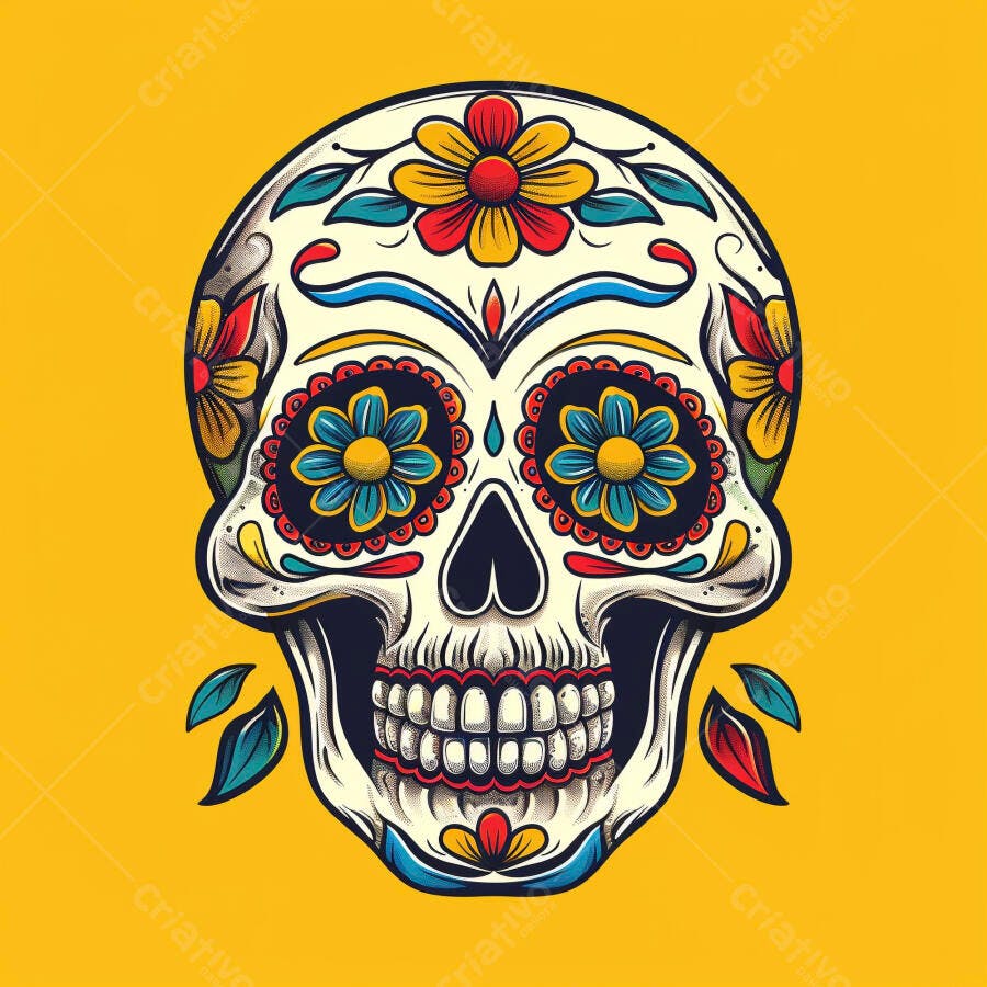 Caveira mexicana colorida com flores vibrantes e fundo amarelo Dia de Muertos