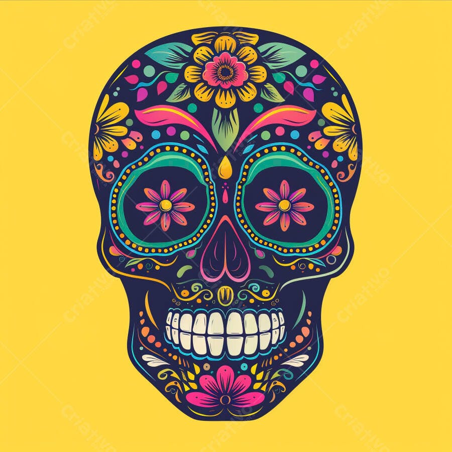Caveira mexicana decorada com flores e cores vibrantes em fundo amarelo