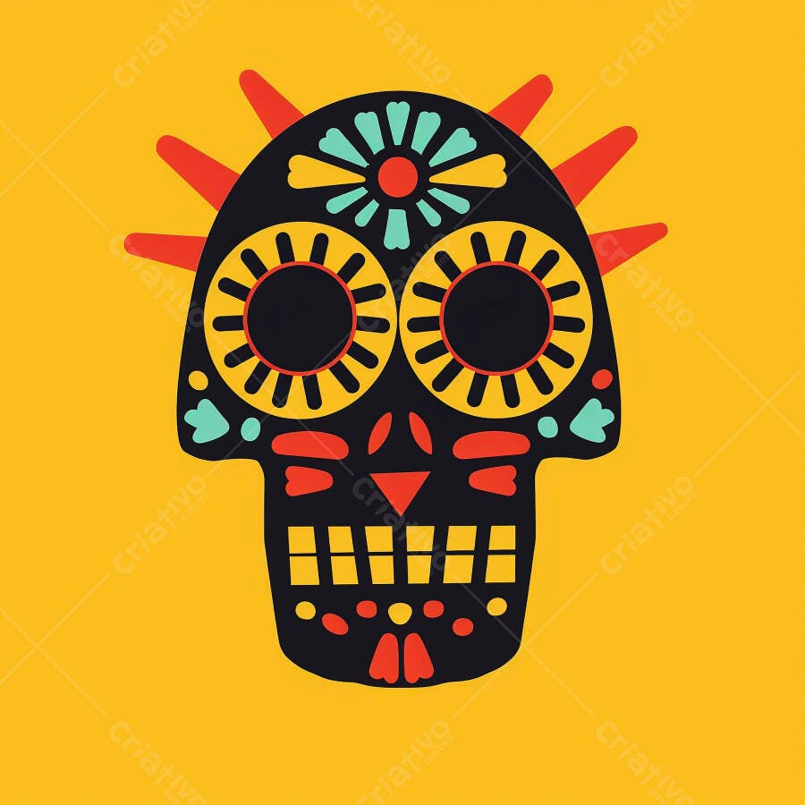 Caveira mexicana preta e colorida ilustração do Dia dos Mortos em fundo amarelo vibrante