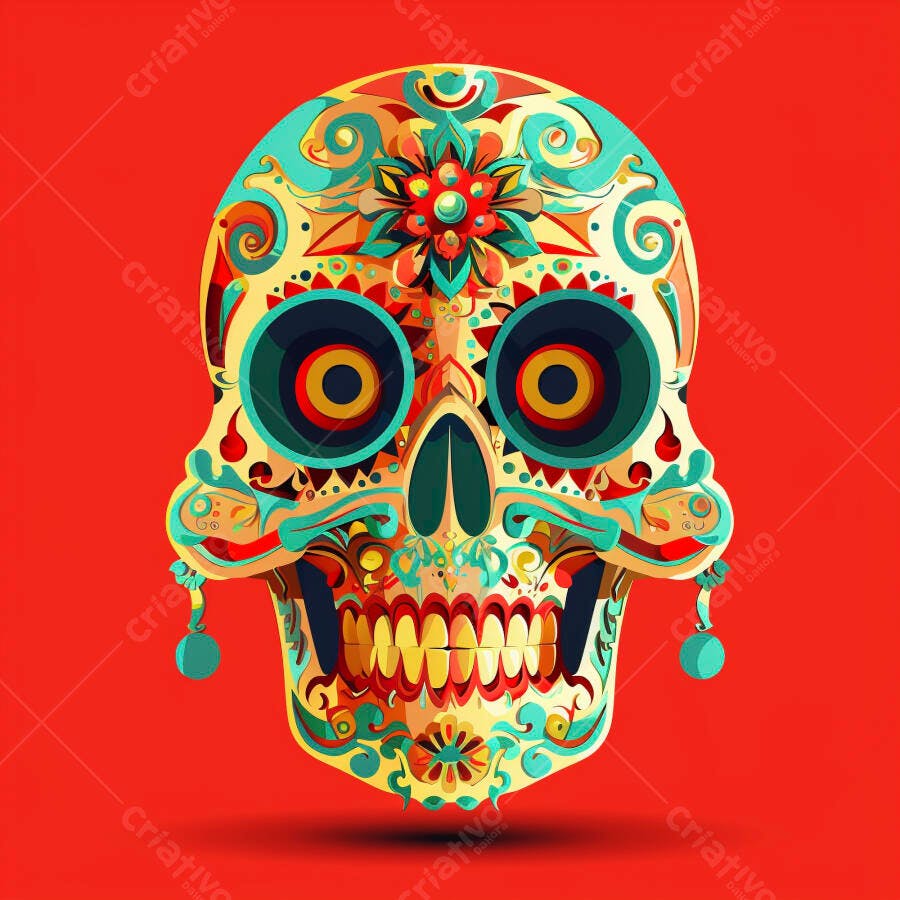Calavera mexicana decorada para o Dia dos Mortos em fundo vermelho vibrante