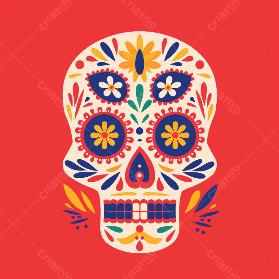 Calavera mexicana colorida branca vermelha amarela azul Dia de Muertos