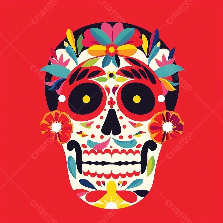Calavera mexicana colorida Dia de los Muertos fundo vermelho vibrante