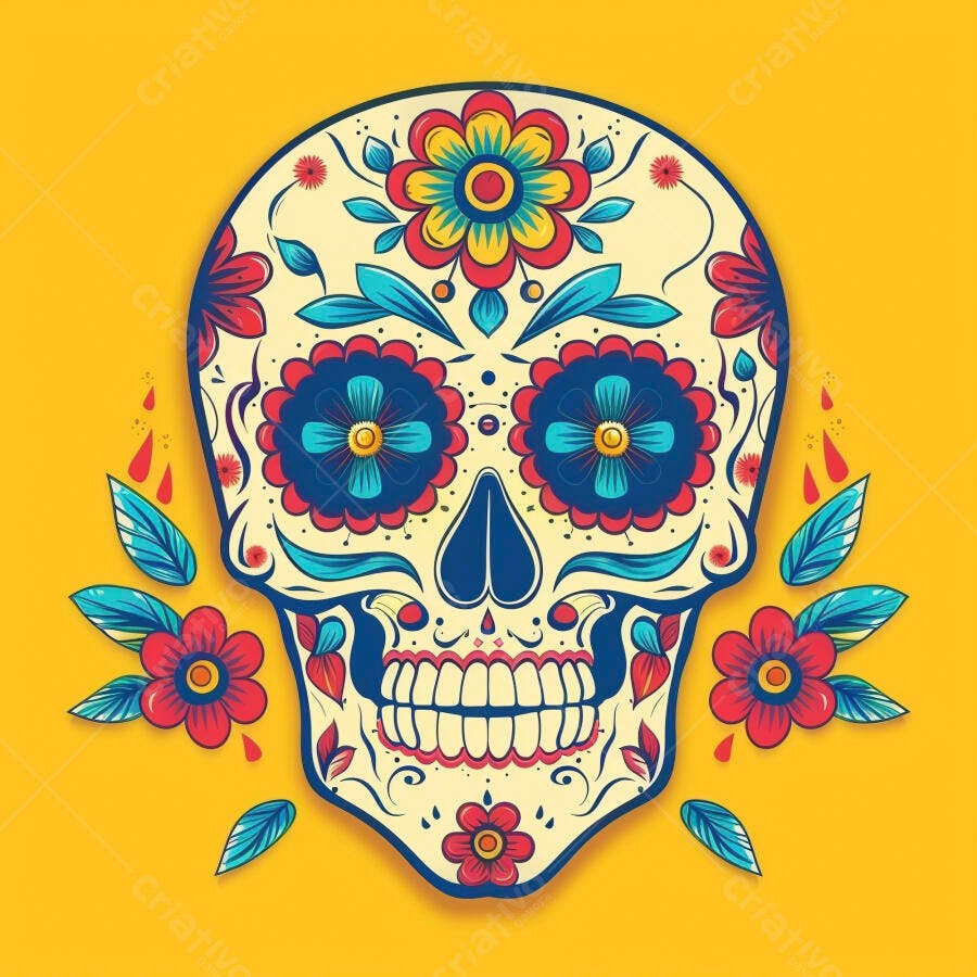 Crânio de açúcar decorado com flores coloridas no Dia dos Mortos